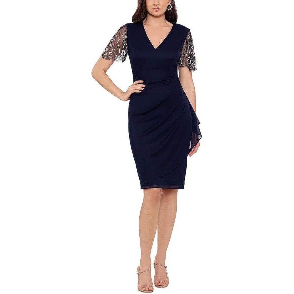 Xscape Navy Blue Embellished Beaded Sleeve V Neck Ruched Sheath Dress 16W